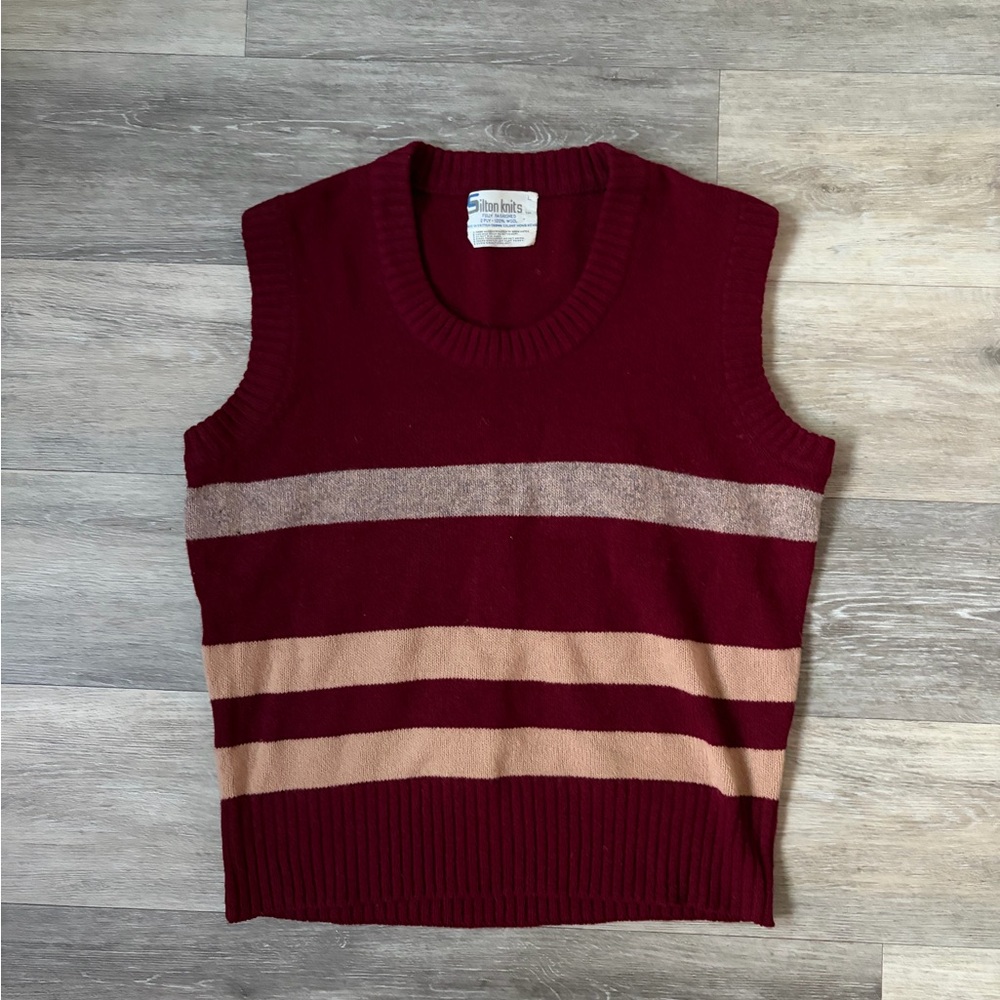 100% Wool Burgundy and Tan Striped Vintage Sweater Vest